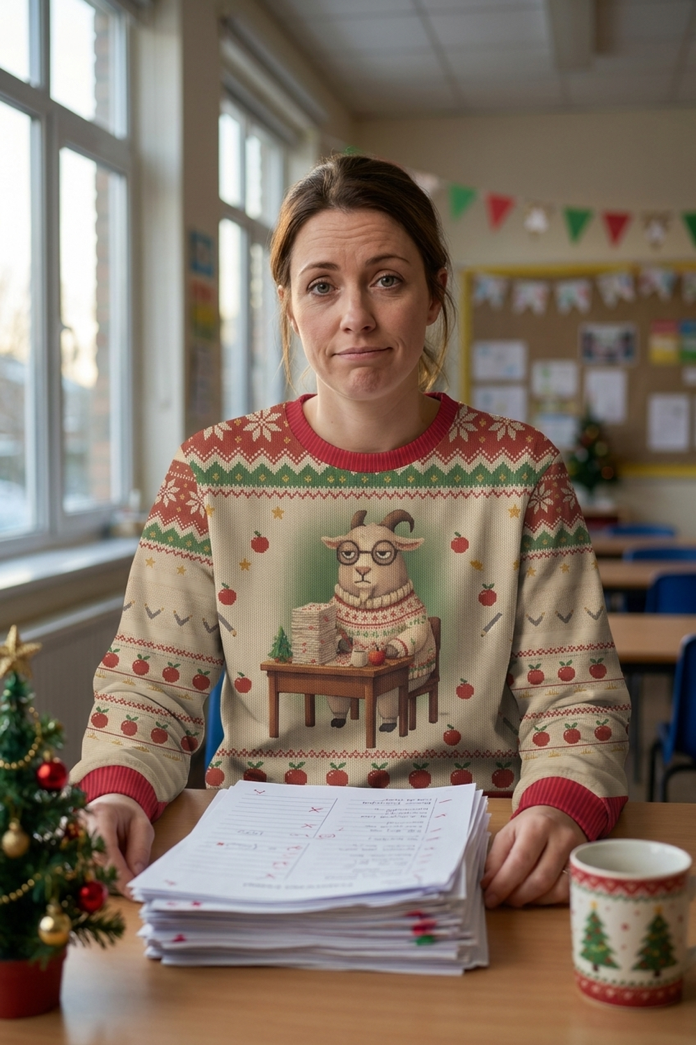 A teacher stands in a classroom on the last afternoon of term beside a stack of marked papers and a small tree, wearing the G.O.A.T. Teacher all-over-print sweatshirt