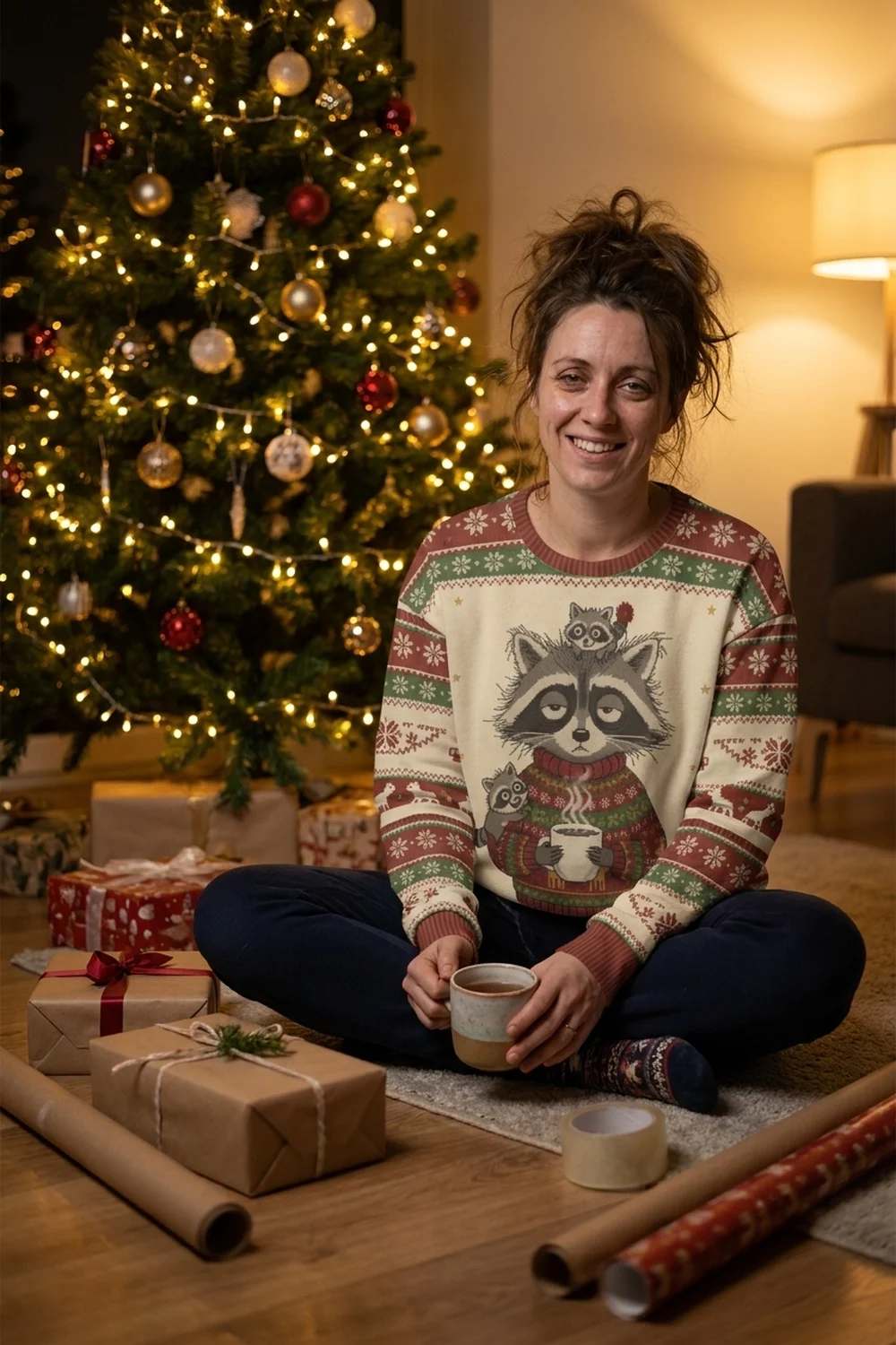 A mother sitting on the floor beside a decorated tree at night among half-wrapped presents with a mug of tea, wearing the Tired Mom all-over-print sweatshirt