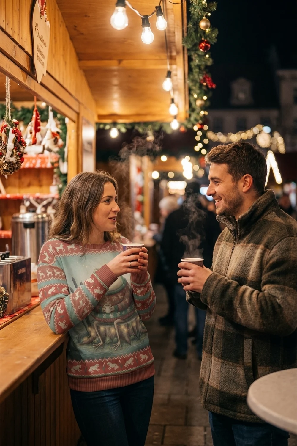 Two friends holding hot cocoa at a Christmas market stall under string lights, one wearing the Toadally Festive all-over-print sweatshirt