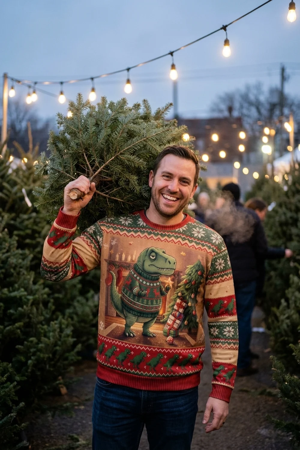A man at a Christmas tree lot at dusk hoisting a small fir onto his shoulder, wearing the Tree Rex all-over-print sweatshirt with the T-rex in a sweater by the fireplace and dinosaur bands