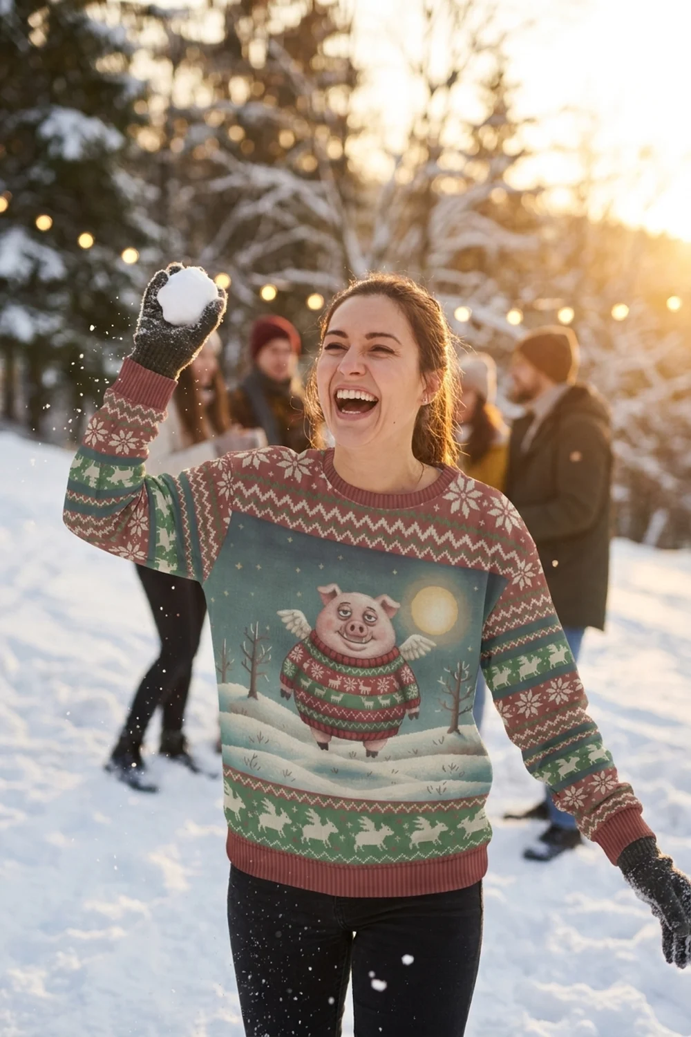 A woman laughing on a snowy hillside as she throws a snowball, wearing the When Pigs Fly all-over-print sweatshirt