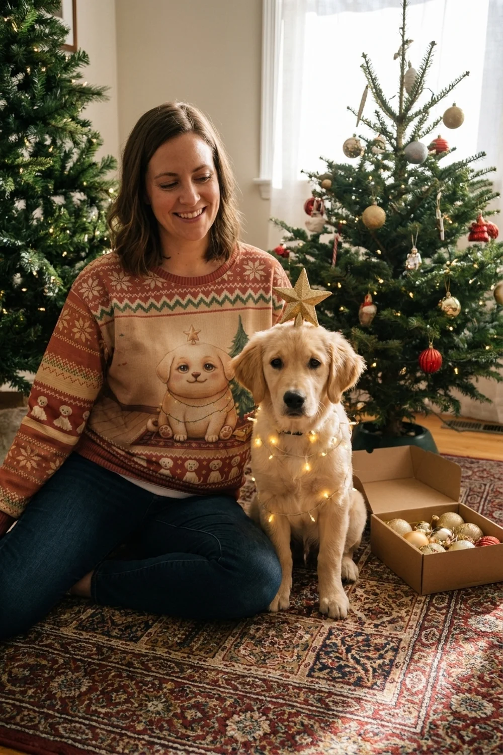 A woman sitting on a rug beside a half-decorated tree with a golden retriever puppy wearing a string of lights and a gold star, wearing the Merry Woofmas all-over-print sweatshirt