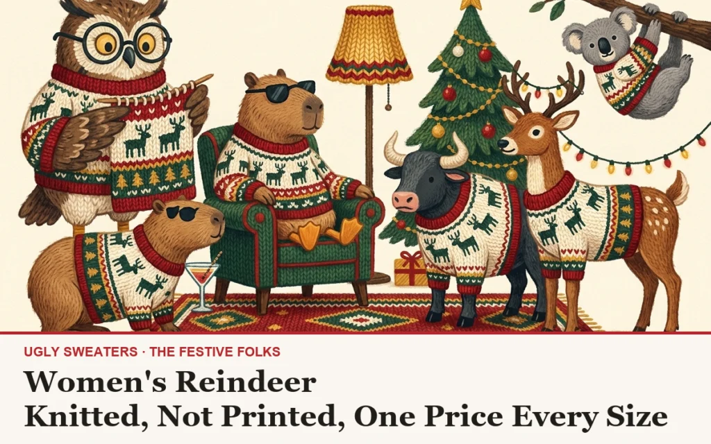 The Festive Folks cast in knitted illustration style, all wearing Women's Reindeer Christmas Sweater