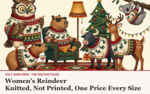 The Festive Folks cast in knitted illustration style, all wearing Women's Reindeer Christmas Sweater