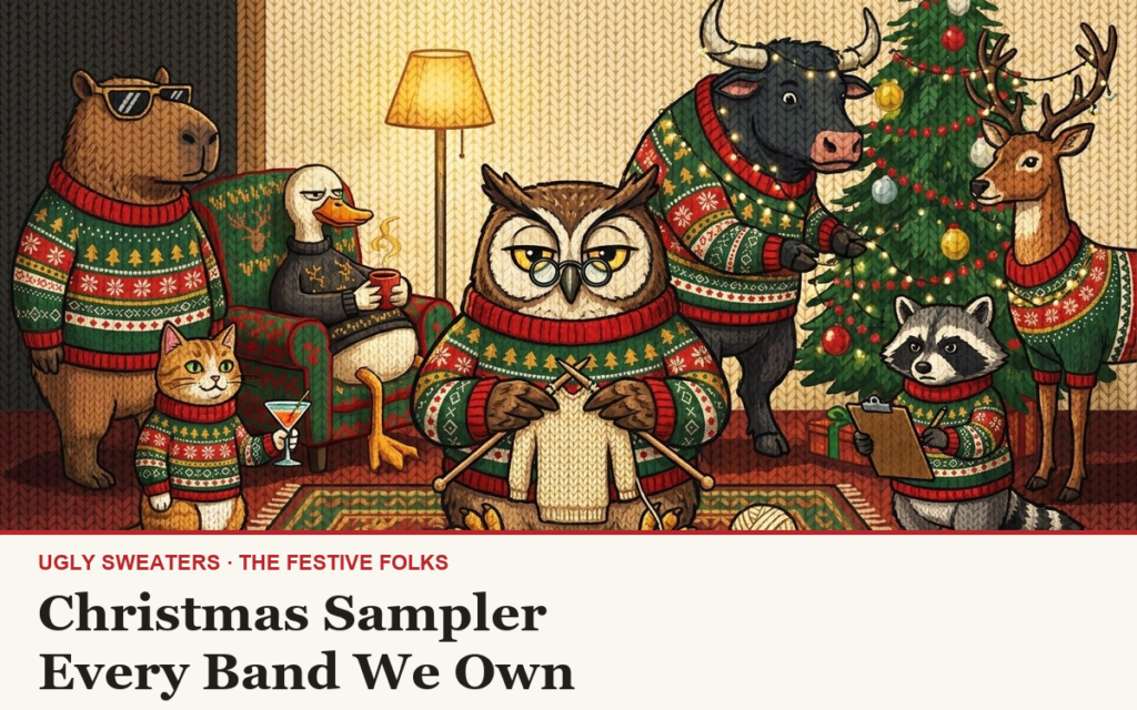 The Festive Folks cast, all wearing the Christmas Sampler knitted Christmas sweater, in a warm lamplit living room