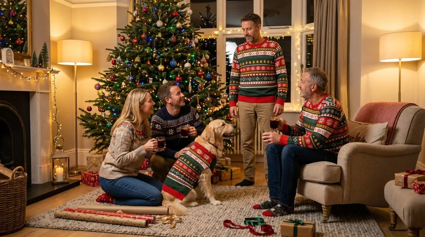 A family living room on Christmas Eve with people wearing the Christmas Sampler knitted Christmas sweater, and a dog in the matching knitted pet sweater