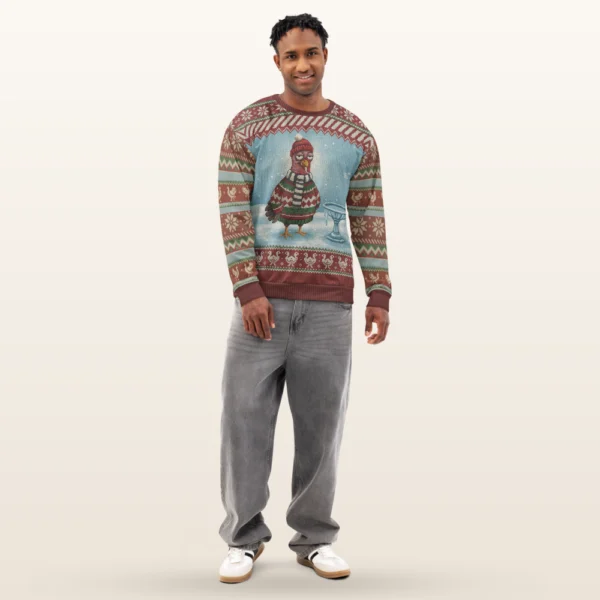 Cold Turkey all-over-print Christmas sweatshirt on a model, front view