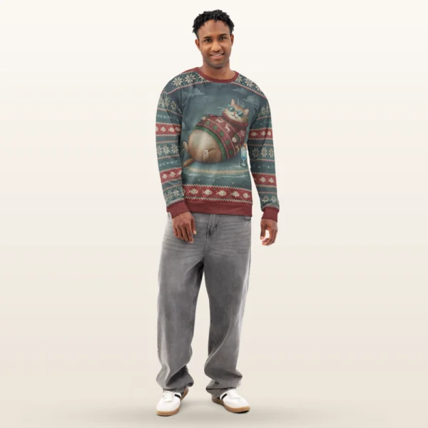 Cool Cat Ugly Christmas Sweater, worn by a model, front view