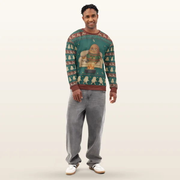 Couch Potato all-over-print Christmas sweatshirt on a model, front view