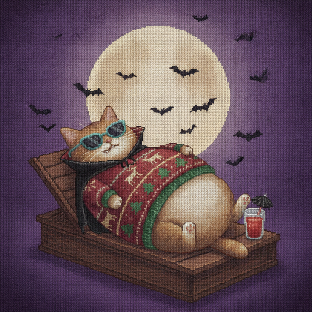 Count Catula Halloween ugly sweater character art: a plump vampire cat in dark sunglasses reclining on a wooden lounger under a full moon with bats flying across it