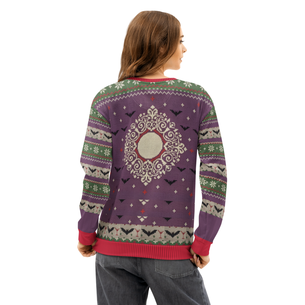 Count Catula Halloween Ugly Sweatshirt, All-Over Print on female model, back