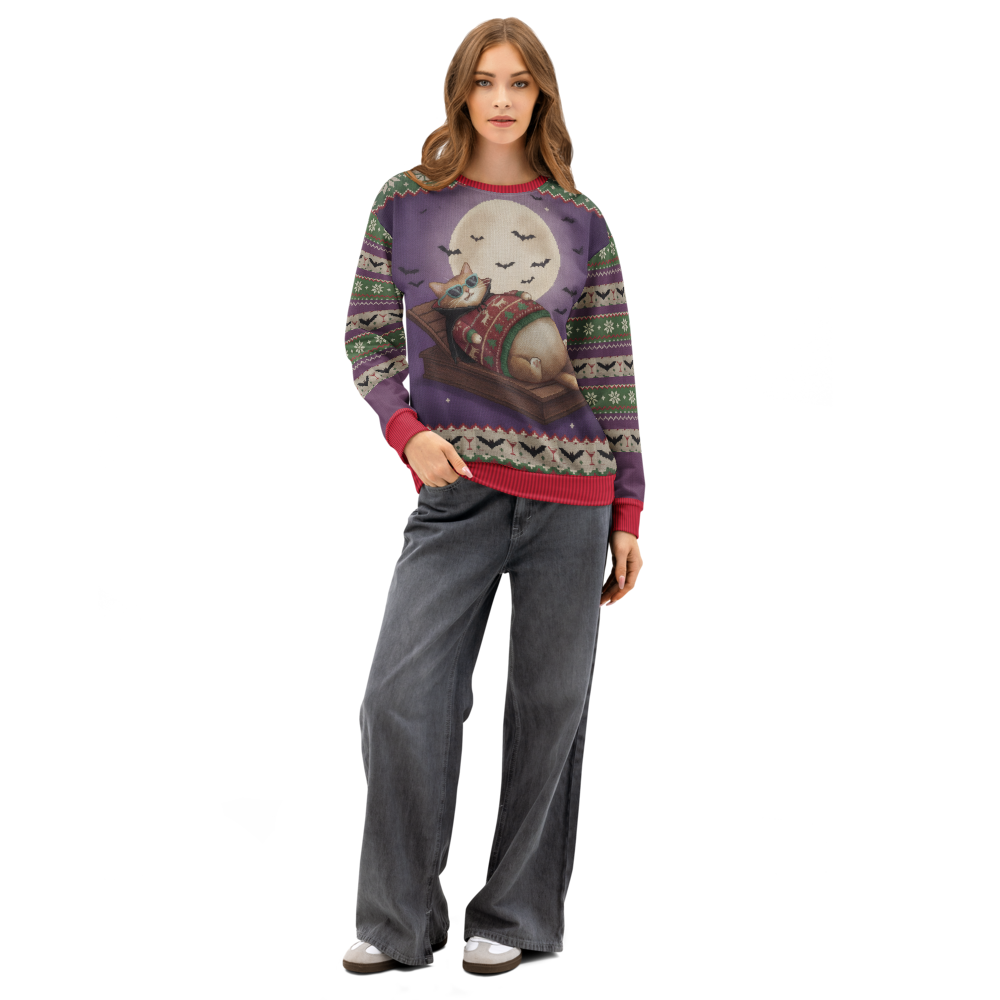 Count Catula Halloween Ugly Sweatshirt, All-Over Print on female model, front