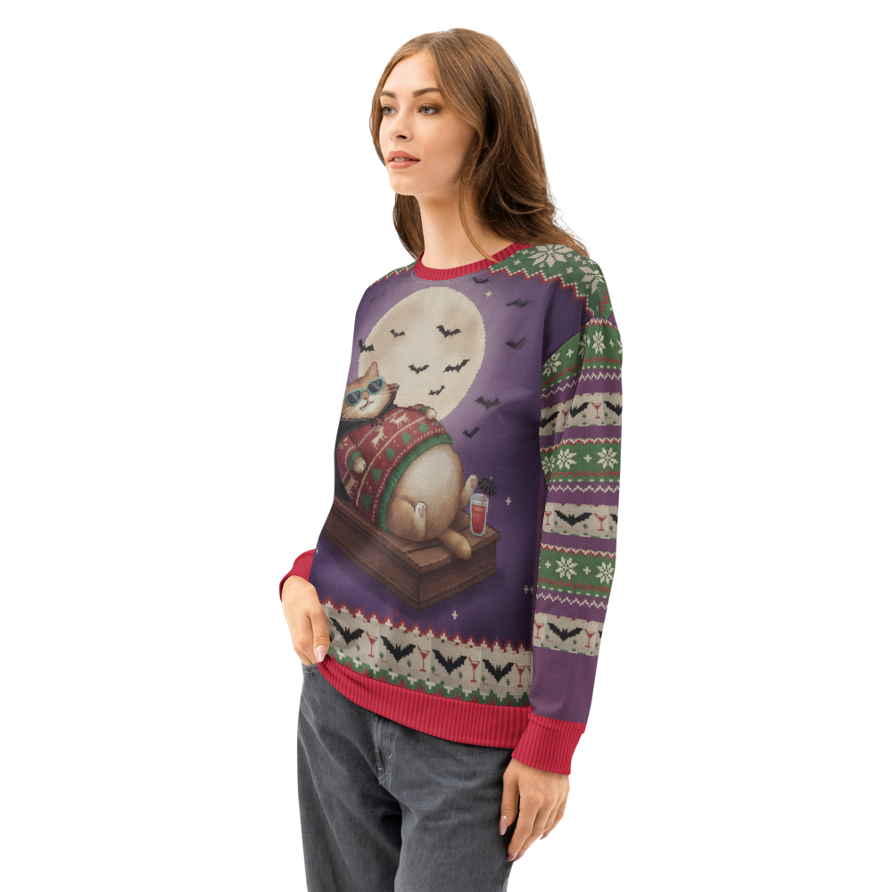 Count Catula Halloween Ugly Sweatshirt, All-Over Print on female model, side