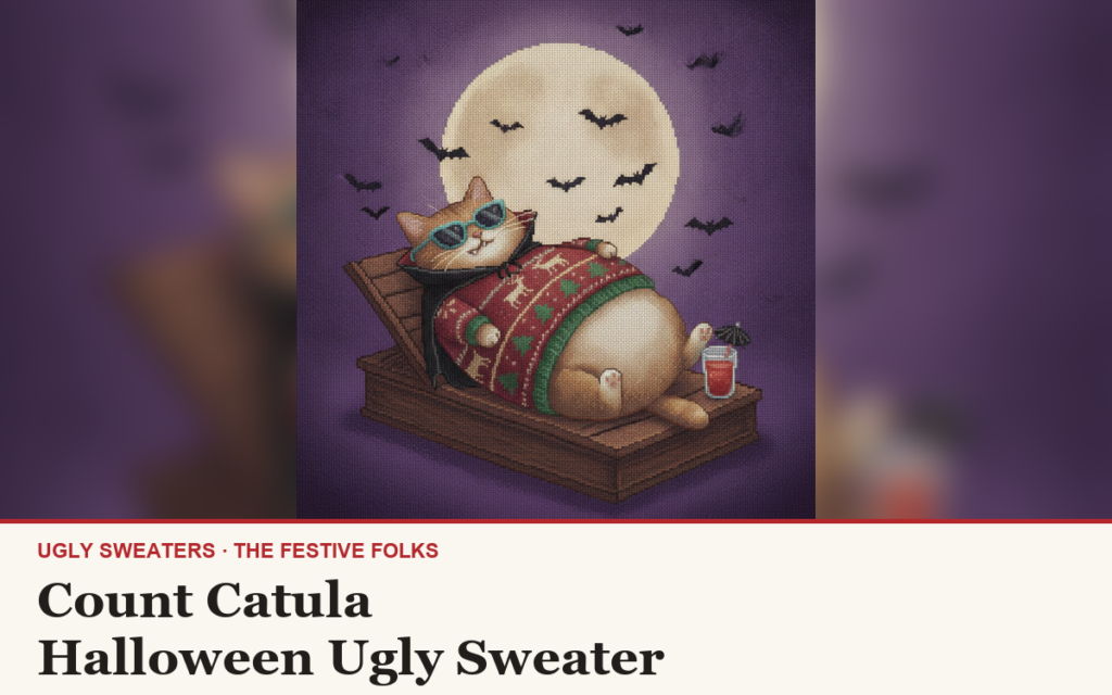 Count Catula ugly sweater article cover: the Count Catula character illustration, house title strip