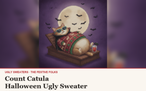 Count Catula ugly sweater article cover: the Count Catula character illustration, house title strip