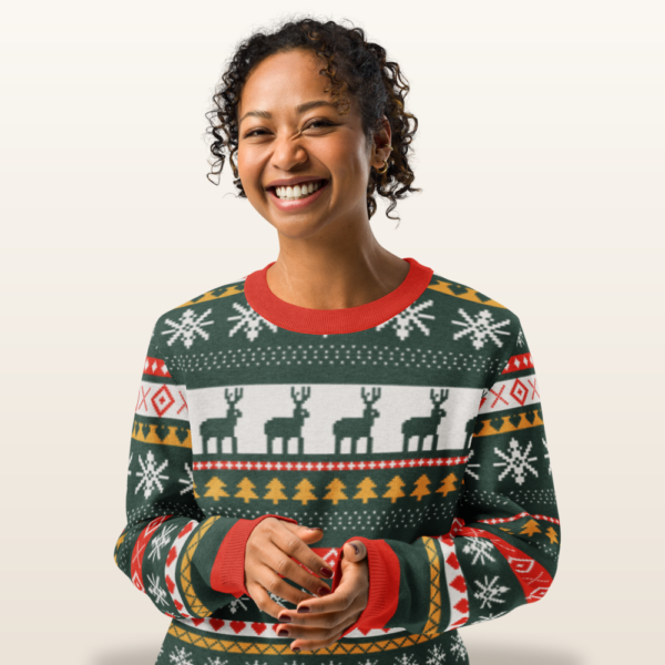 Reindeer Classic knitted Christmas sweater on a woman, front view