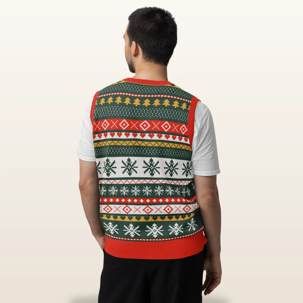 Man wearing the Reindeer Classic knitted Christmas vest, back view with the star medallion band
