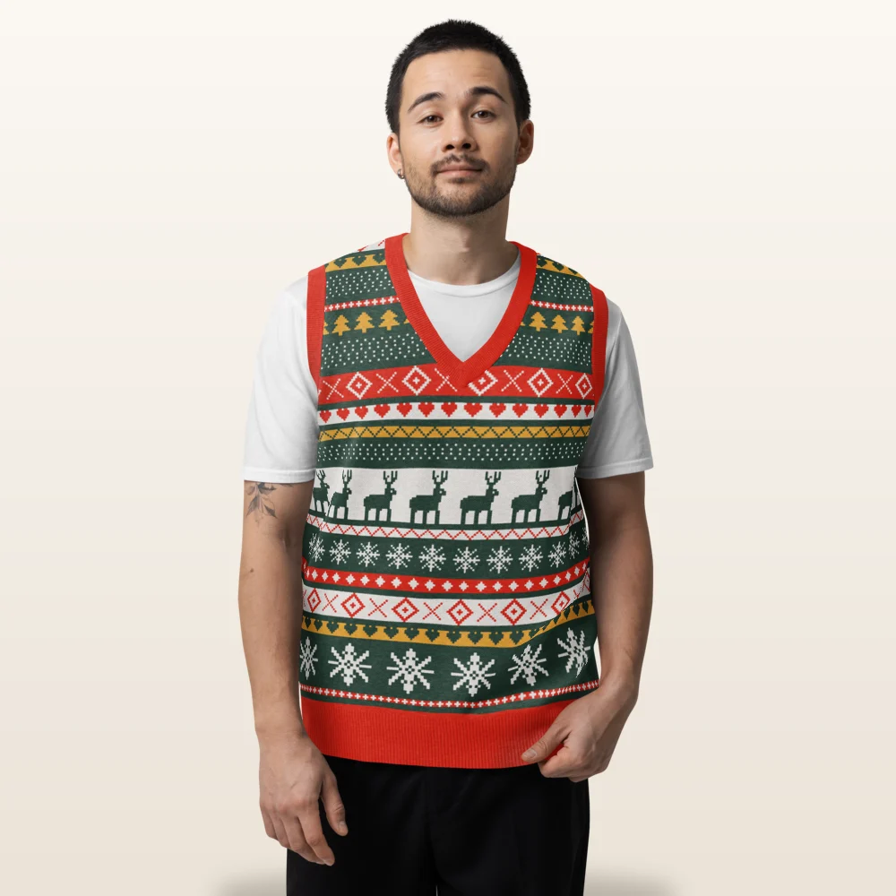 Man wearing the Reindeer Classic knitted Christmas vest, front view with the reindeer band across the chest