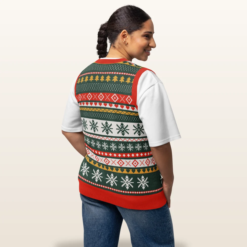 Woman wearing the Reindeer Classic knitted Christmas vest, back view with the star medallion band