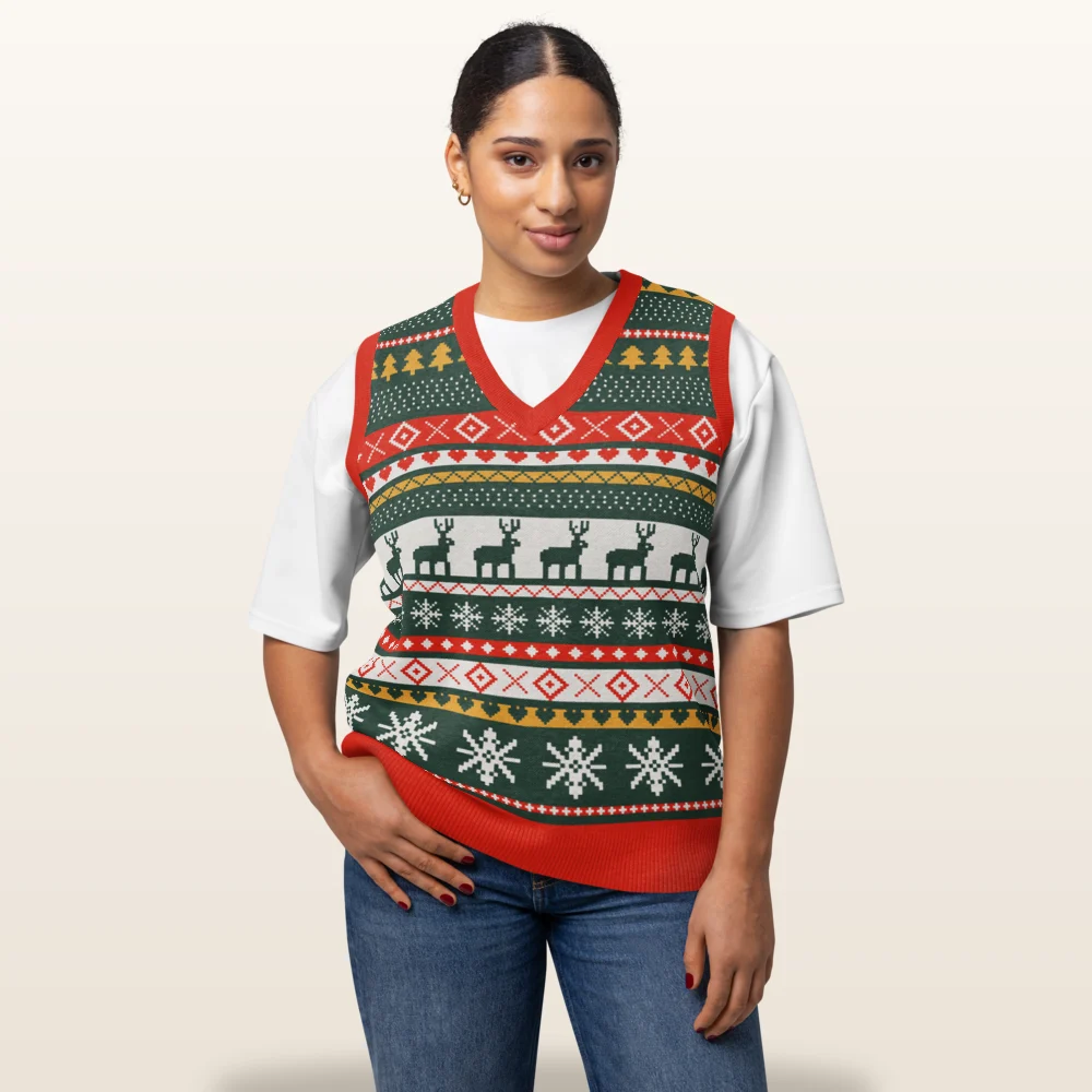 Woman wearing the Reindeer Classic knitted Christmas vest, front view with the reindeer band across the chest