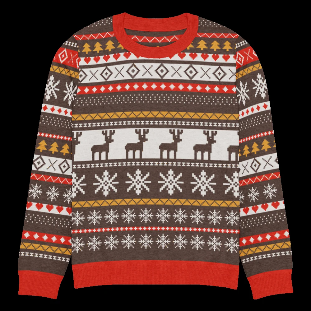 Moose Shetland knitted Christmas sweater, flat front, showing the charted moose band in bone cream, soil brown, madder red and old gold