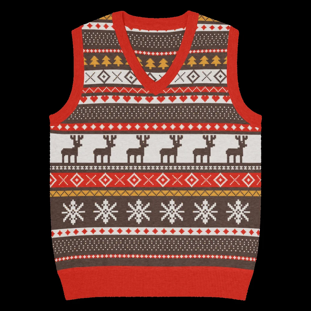 Moose Shetland knitted Christmas vest, front, showing the charted moose band in bone, soil brown, madder red and gold