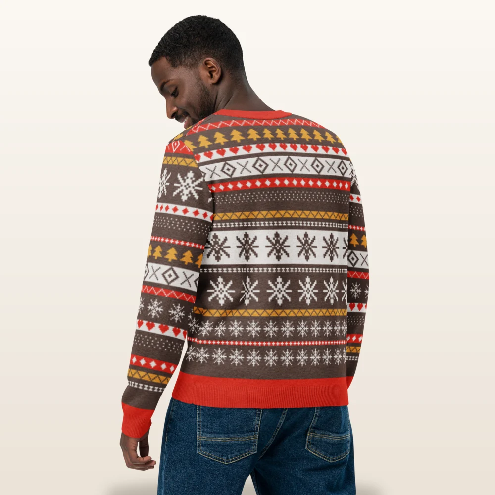 Man wearing the Moose Shetland knitted Christmas sweater, back view with the star medallion band