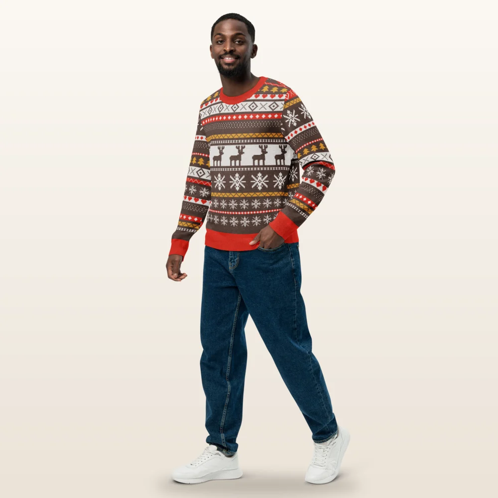 Man wearing the Moose Shetland knitted Christmas sweater, front view with the moose band across the chest