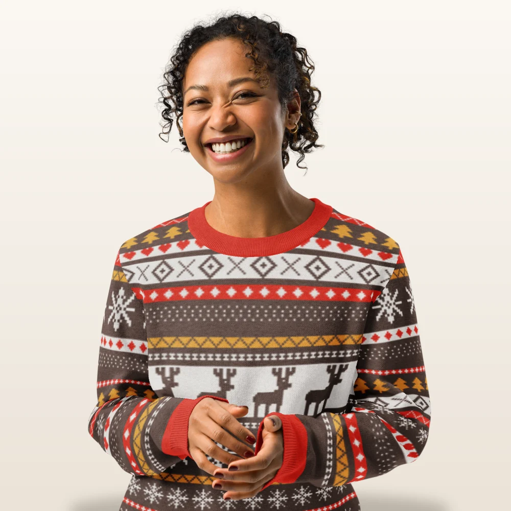 Woman wearing the Moose Shetland knitted Christmas sweater, front view with the moose band across the chest