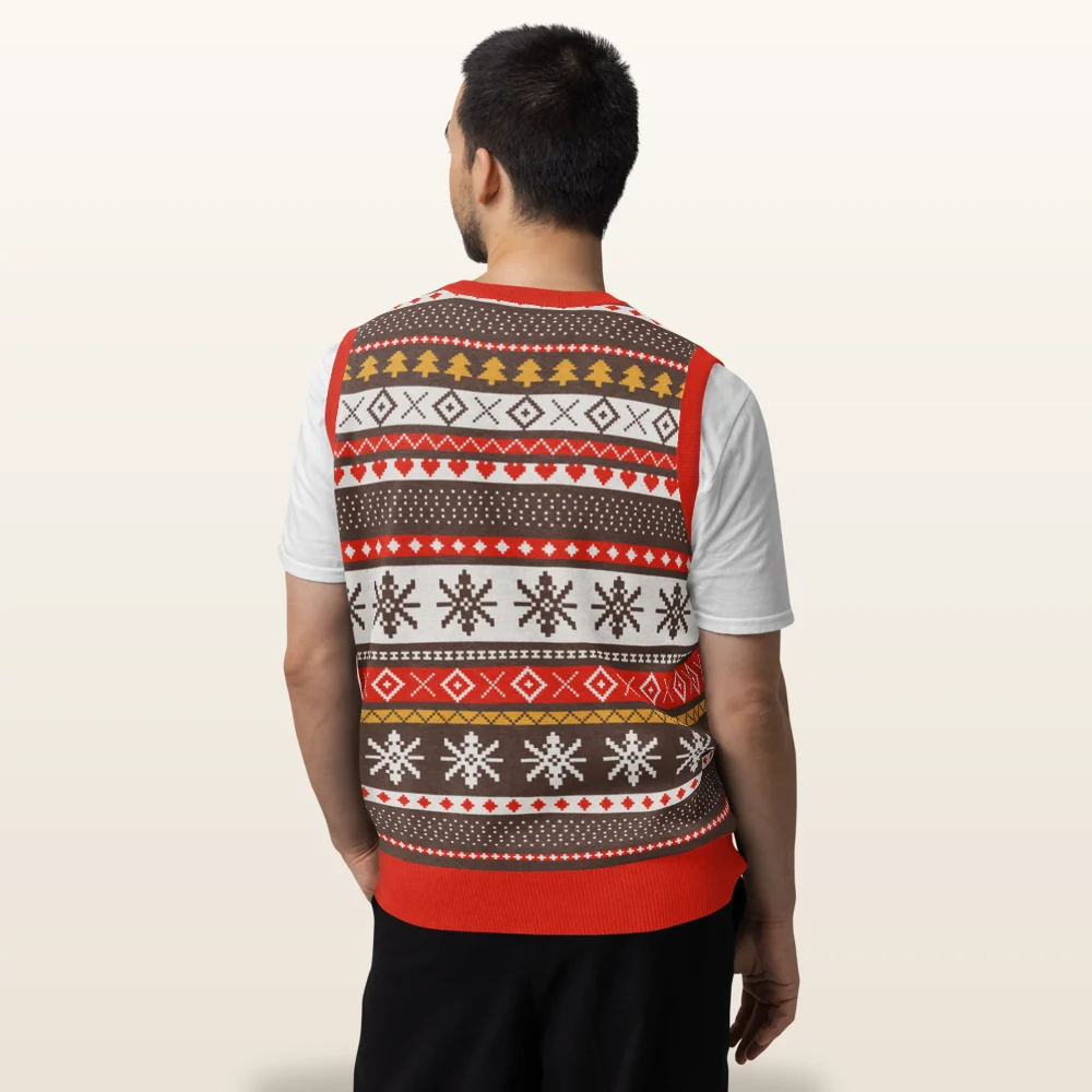 Man wearing the Moose Shetland knitted Christmas vest, back view with the star medallion band