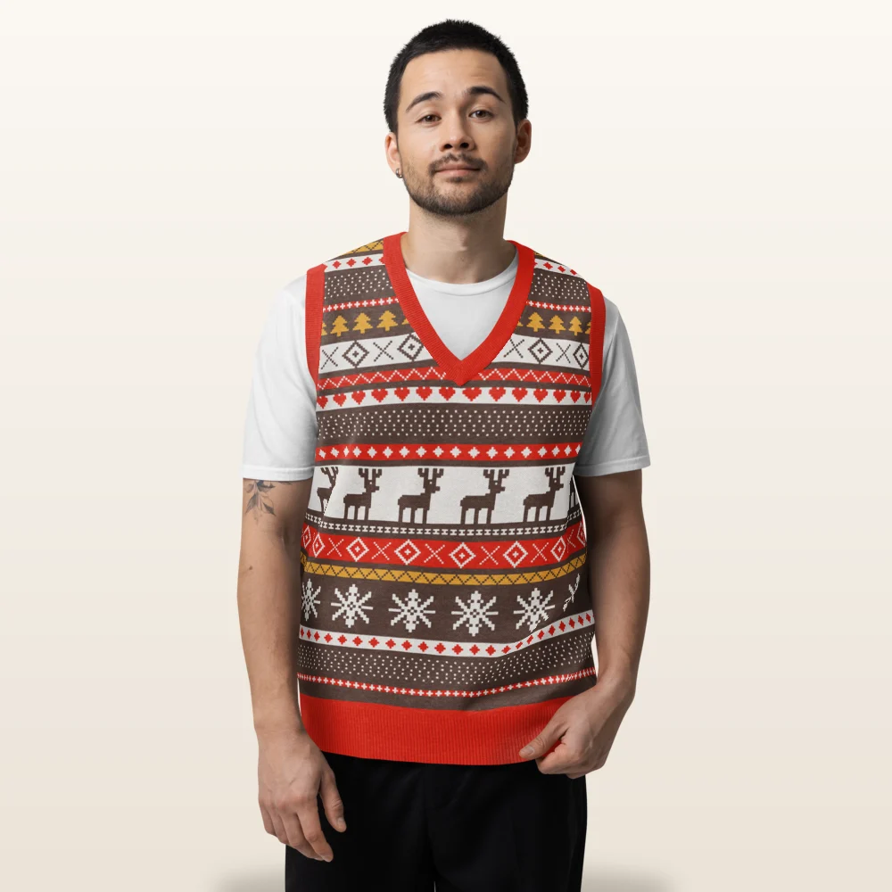 Man wearing the Moose Shetland knitted Christmas vest, front view with the moose band across the chest