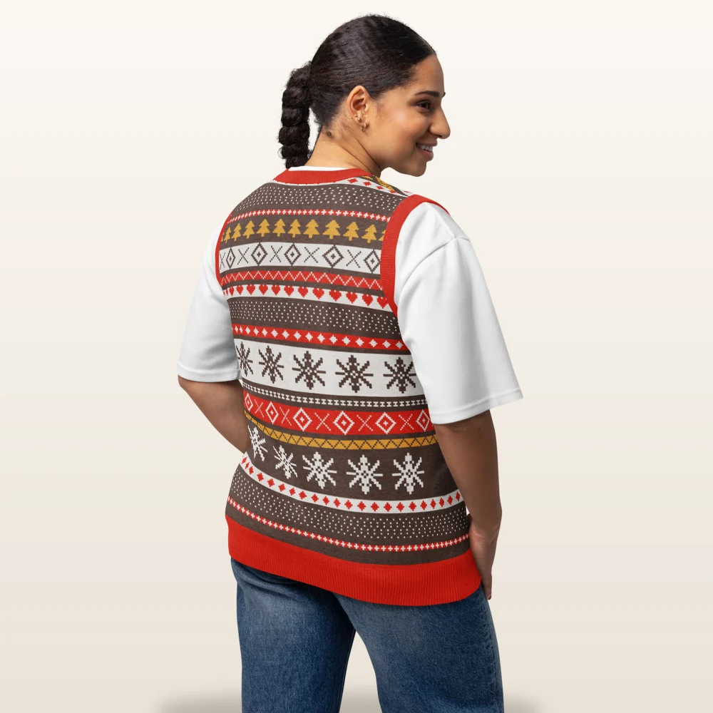 Woman wearing the Moose Shetland knitted Christmas vest, back view with the star medallion band