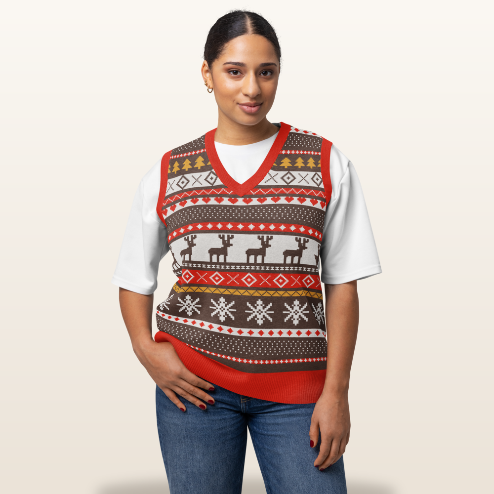 The Moose Shetland knitted Christmas vest on model, sleeveless brown fair-isle with red trim