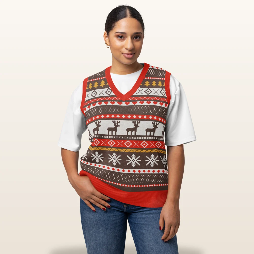 Woman wearing the Moose Shetland knitted Christmas vest, front view with the moose band across the chest