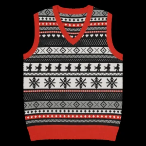Selbu Bird knitted Christmas vest, front, showing the Norwegian Selbu bird band in cream, black, red and grey