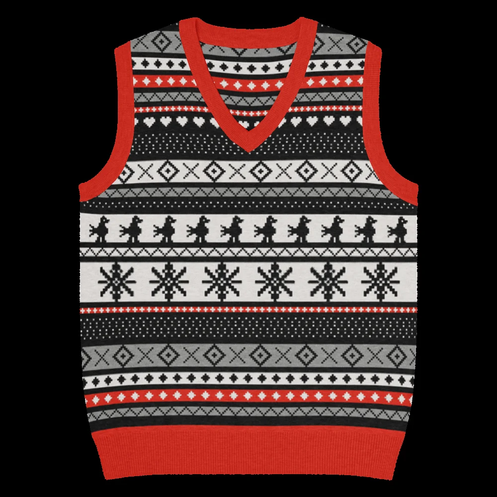 Selbu Bird knitted Christmas vest, front, showing the Norwegian Selbu bird band in cream, black, red and grey