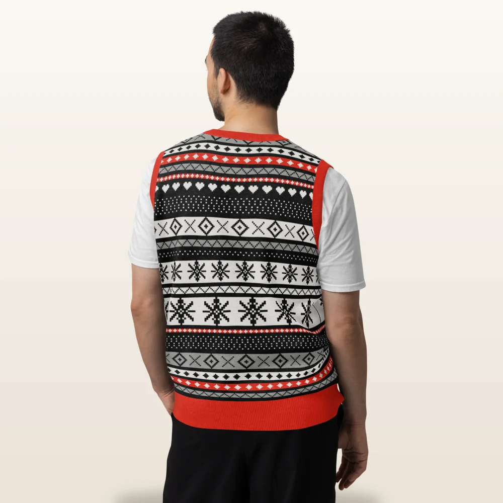 Man wearing the Selbu Bird knitted Christmas vest, back view with the star medallion band