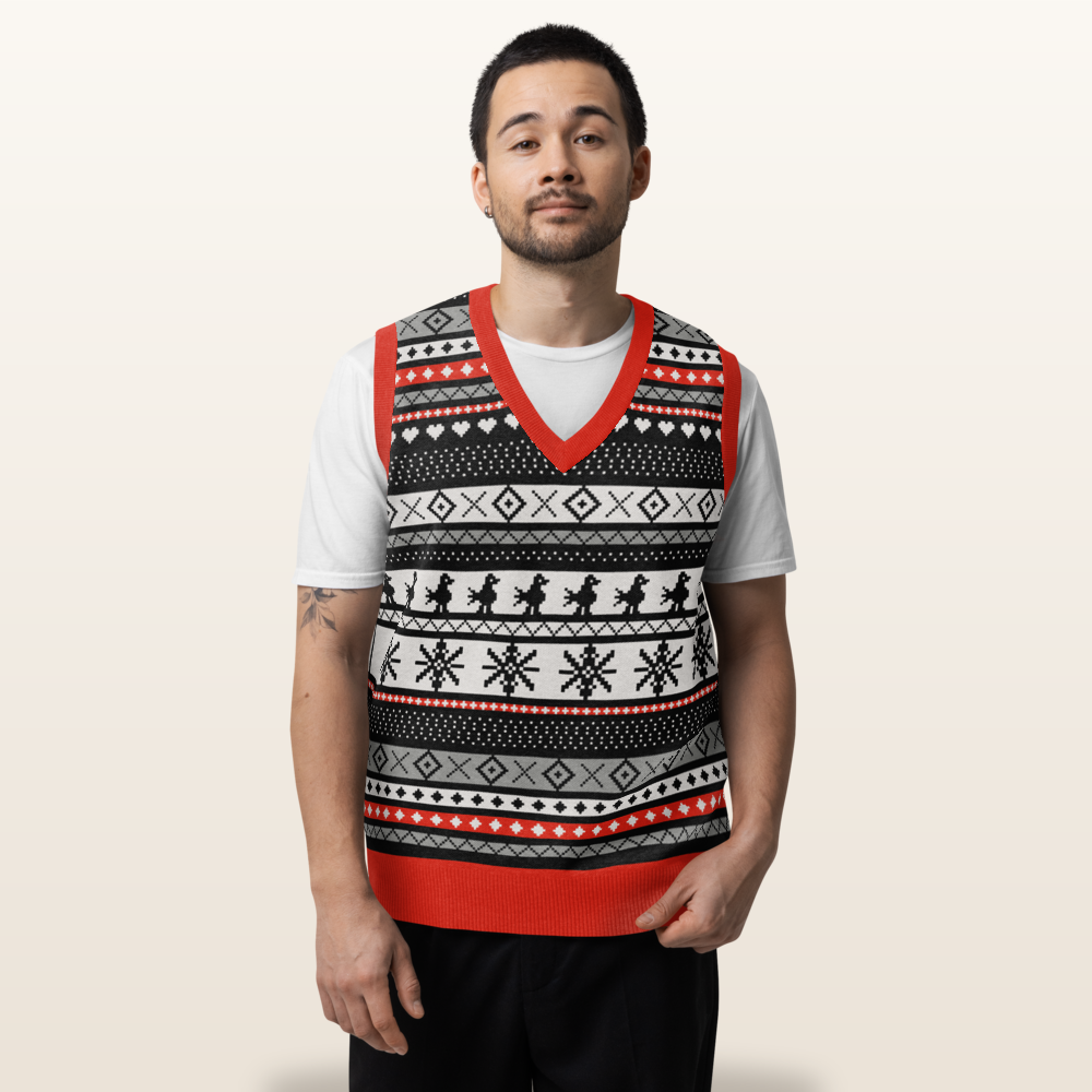 The Selbu Bird knitted Christmas vest on model, sleeveless black and bone fair-isle with red trim