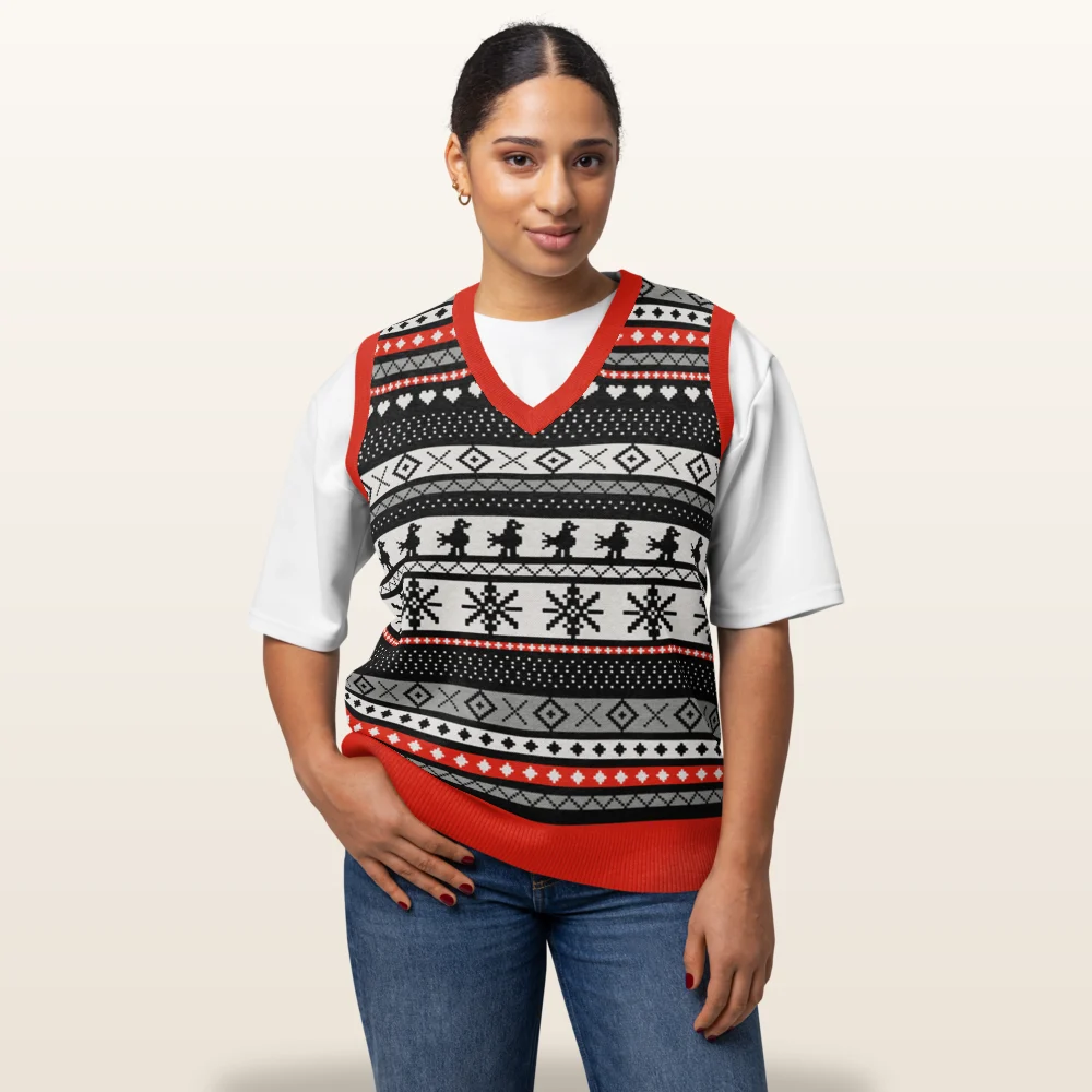 Woman wearing the Selbu Bird knitted Christmas vest, front view with the Selbu bird band across the chest