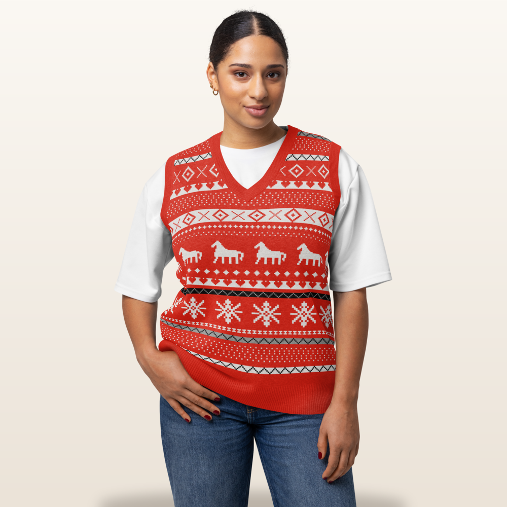 The Dala Horse knitted Christmas vest on model, sleeveless red fair-isle with white horses