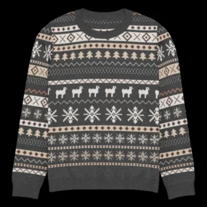 Icelandic Sheep knitted Christmas sweater, flat front, showing the charted Icelandic sheep band in bone cream, charcoal, taupe and soil brown