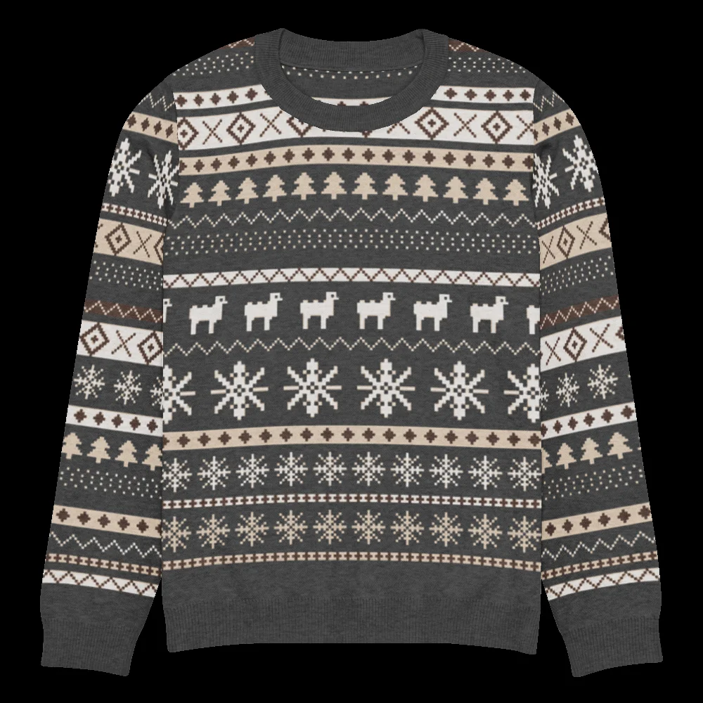 Icelandic Sheep knitted Christmas sweater, flat front, showing the charted Icelandic sheep band in bone cream, charcoal, taupe and soil brown