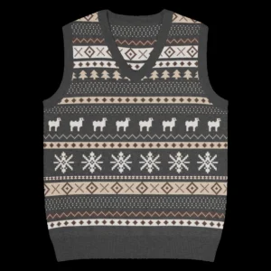 Icelandic Sheep knitted Christmas vest, front, showing the Icelandic sheep band in cream, charcoal, taupe and soil brown