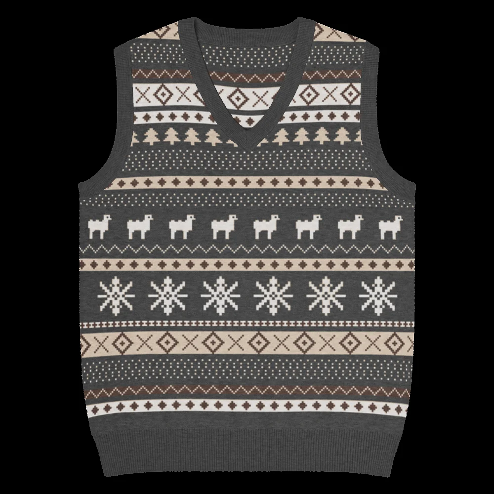 Icelandic Sheep knitted Christmas vest, front, showing the Icelandic sheep band in cream, charcoal, taupe and soil brown
