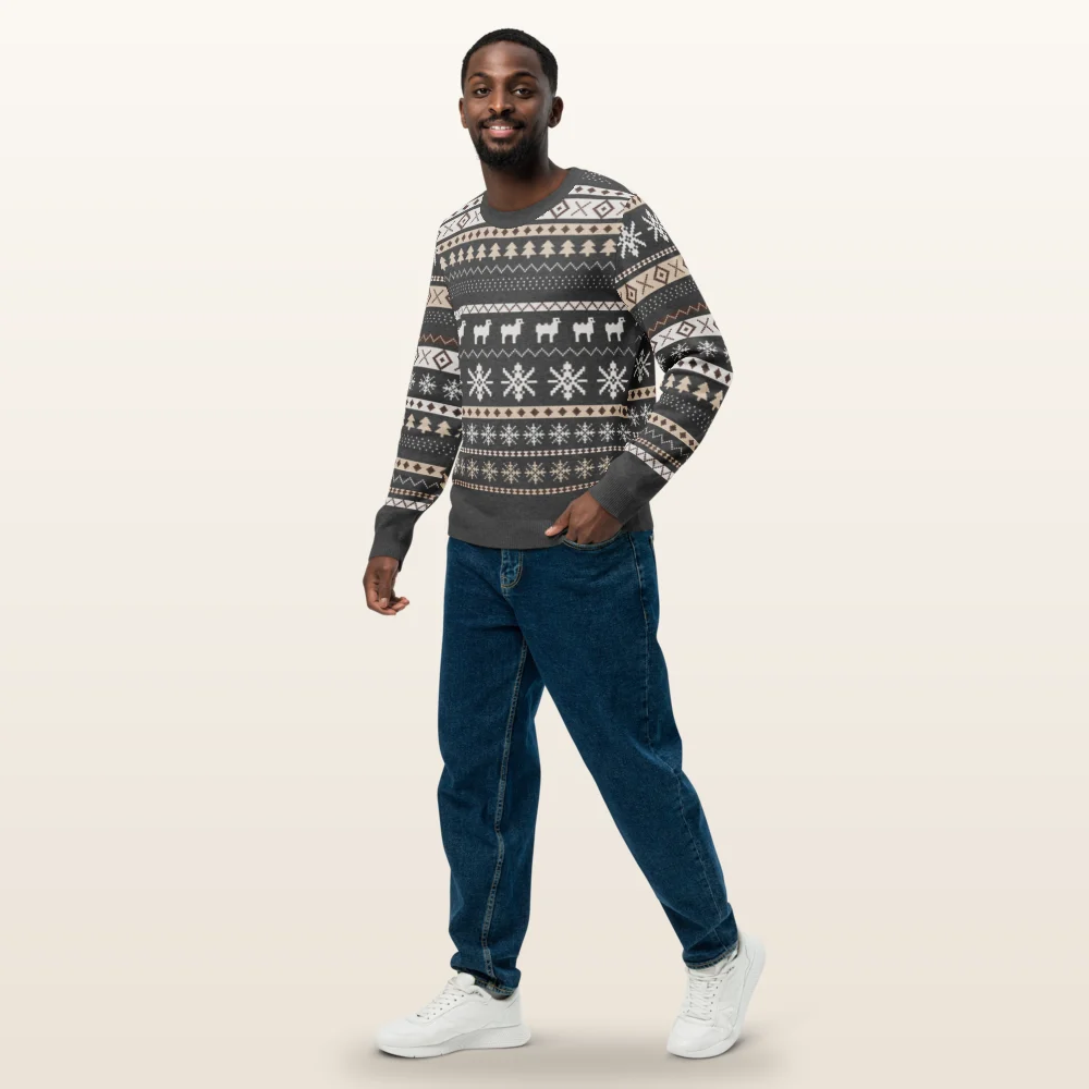 Man wearing the Icelandic Sheep knitted Christmas sweater, front view with the sheep band across the chest
