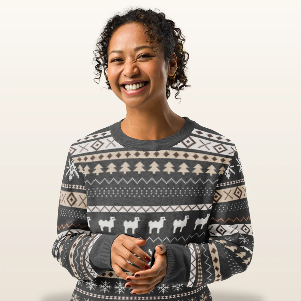 Woman wearing the Icelandic Sheep knitted Christmas sweater, front view with the sheep band across the chest