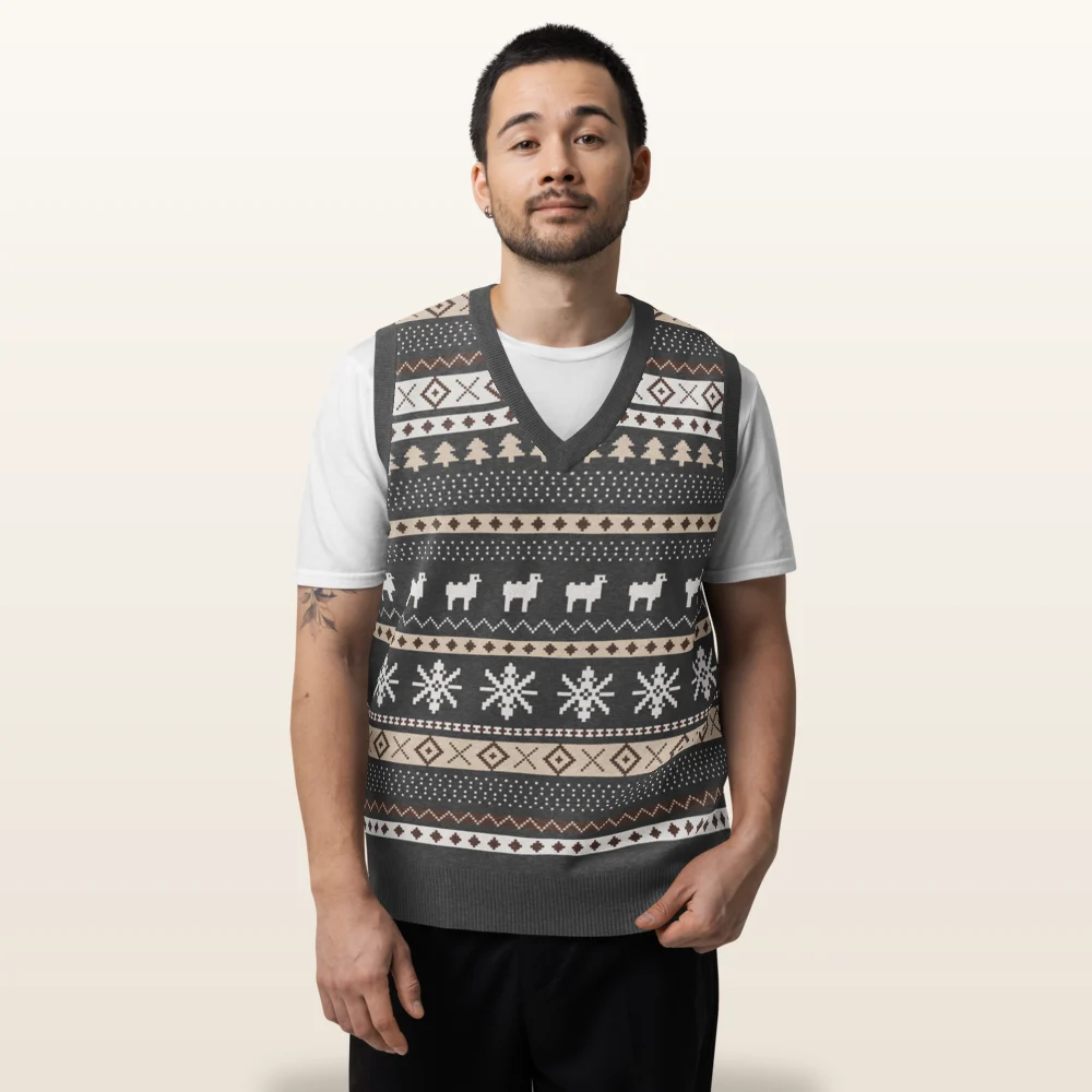 Man wearing the Icelandic Sheep knitted Christmas vest, front view with the sheep band across the chest