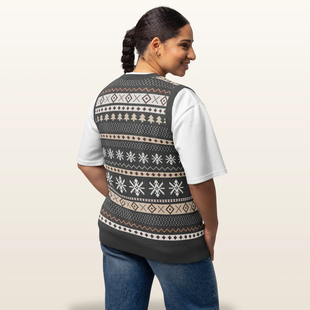 Woman wearing the Icelandic Sheep knitted Christmas vest, back view with the star medallion band