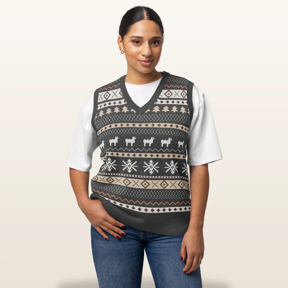 Woman wearing the Icelandic Sheep knitted Christmas vest, front view with the sheep band across the chest