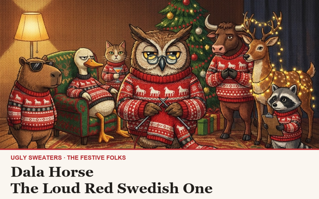 The Festive Folks cast, all wearing the Dala Horse knitted Christmas sweater, in a warm lamplit living room